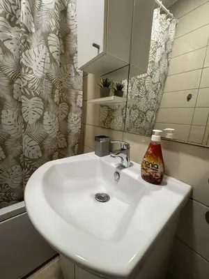 a bathroom with a white sink and a mirror at Apartment Esmihan in Tuzla