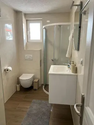 a bathroom with a sink and a shower and a toilet at Apartmani Pervan in Livno