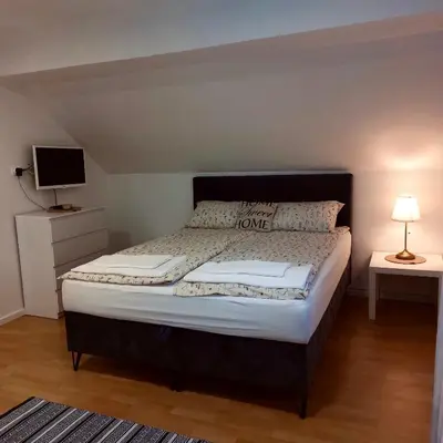 a bedroom with a large bed with a black headboard at Vikendica Niki - Village house with pool in Ćetojevići