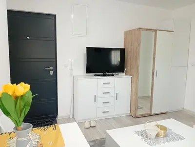 a living room with a tv and a mirror at Apartman Nera in Gradačac