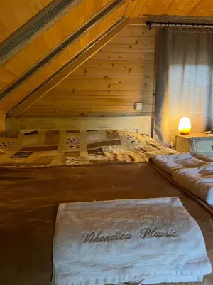 two beds in a room with a wooden ceiling at Log Cabin Plavšić - Vikendica Plavšić in Šipovo