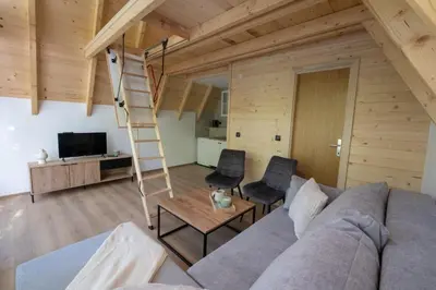 a living room with a couch and a ladder at Una Olympic House in Lilaci