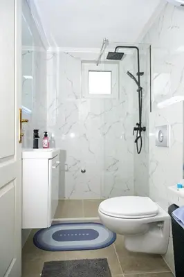 a white bathroom with a toilet and a shower at Ćato s cottage in Bravnice