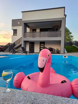 a pink inflatable flamingo sitting next to a swimming pool at Villa Vienna in Bužim