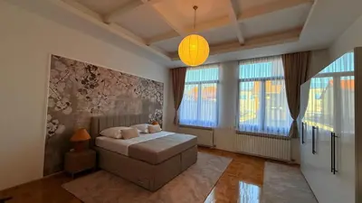 a bedroom with a bed and two large windows at Apartman Dar in Bihać