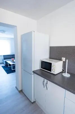 a kitchen with a white refrigerator and a microwave at Apartman 11 in Tomislavgrad