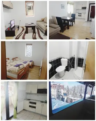 a collage of four pictures of a living room at Apartman EN in Travnik
