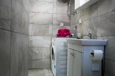 a bathroom with a washing machine and a sink at Villa Plavno in Otoka