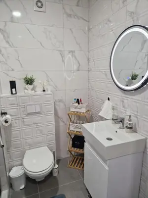 a bathroom with a toilet and a sink and a mirror at Apartman Eden in Doboj