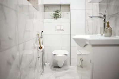 a white bathroom with a toilet and a sink at Apartman Elyca in Visoko