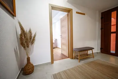 a hallway with a vase and a chair in a room at Apartman Elyca in Visoko