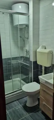 a bathroom with a toilet and a shower and a sink at Apartmani EŠ in Ivišovo Greblje