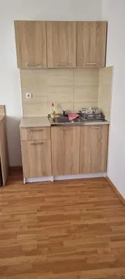 a kitchen with a sink and wooden cabinets at Apartmani EŠ in Ivišovo Greblje