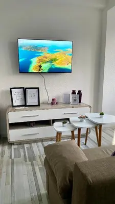 a living room with a couch and a tv on a wall at Apartman Dina in Sanski most