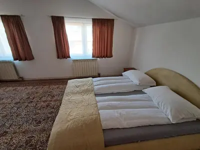 a hotel room with two beds and two windows at Boema in Ivišovo Greblje