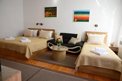 a hotel room with two beds and a couch at Apartman Nur in Bihać