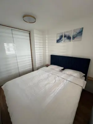 a bedroom with a large white bed with a blue headboard at Elita Apartmani in Ivišovo Greblje