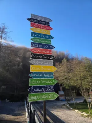 a street sign with many signs in different languages at Villa Tea in Šipovo