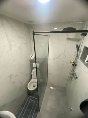 a bathroom with a toilet and a glass shower at Marshal 2