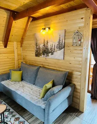 a couch in a room with a wooden wall at Planinska kuća Jelka in Mlinište