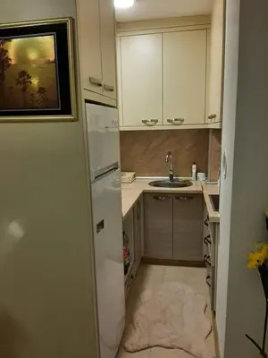 a small kitchen with a refrigerator and a sink at Stan na dan Srebrenik in Srebrenik