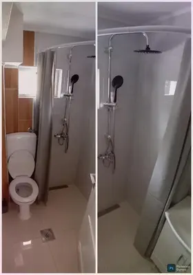 two pictures of a bathroom with a toilet and a shower at RelaxApartment in Tuzla
