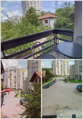 a collage of pictures of a city with a table and buildings at RelaxApartment in Tuzla