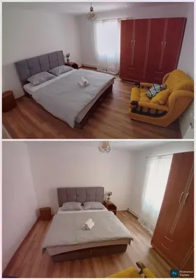 two pictures of a bedroom with a bed and a couch at RelaxApartment in Tuzla
