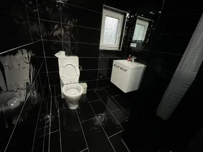 a black tiled bathroom with a toilet and a window at Arena 2 in Ripač