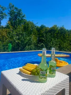 two bottles of drinks on a table with a plate of fruit at Foresta Home in Gradačac