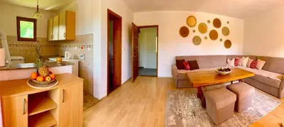 a kitchen and living room with a couch and a table at Foresta Home in Gradačac