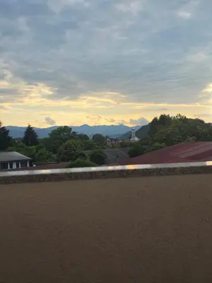 a view of the mountains from a balcony at Apartman LAVANDA in Teslić