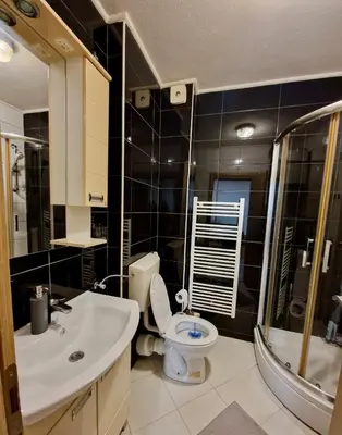 a bathroom with a toilet and a sink and a shower at Apartman 3 Tuzla in Tuzla
