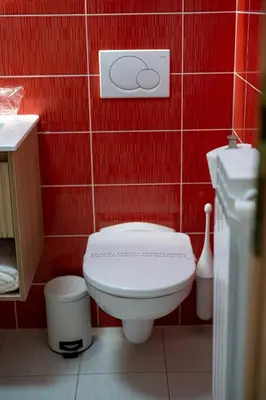 a bathroom with a white toilet and red tiles at Aurum apartman Žepče in Žepče