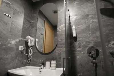 a bathroom with a sink and a mirror at Stari Hrast Apartmani in Bosanska Gradiška