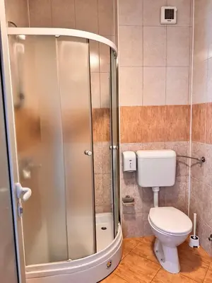 a bathroom with a shower and a toilet at Prenoćište Stanica in Bosanska Krupa