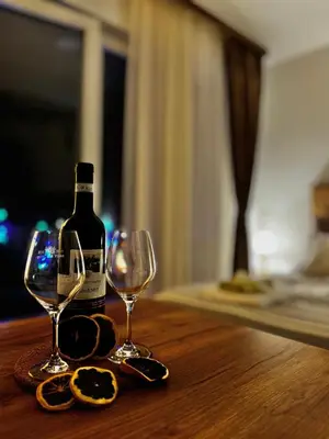 a bottle of wine and two glasses on a table at Apartment Rosa Brandis in Travnik