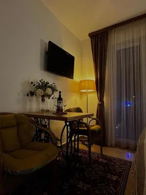 a living room with a table with a chair and a television at Apartment Rosa Brandis in Travnik