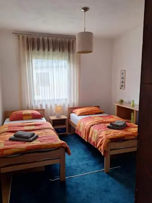 a bedroom with two beds and a window at Relax Rose Apartment in Kulen Vakuf
