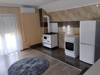 a kitchen with a white refrigerator and a stove at Lillis Apartment in Ivišovo Greblje