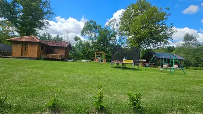 a yard with a log cabin and a playground at Smjestaj na selu KLARA in Staro Selo