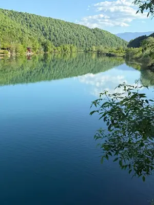 a view of a river with trees in the background at Vikendica Hamza in Bihać