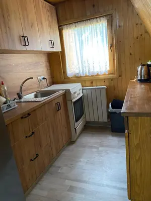 a small kitchen with a sink and a stove at Planinska kuća Divna in Šišava