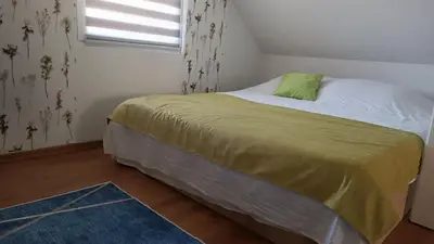 a bedroom with a bed with a green pillow on it at Sun-Moon Apartment in Zbilje