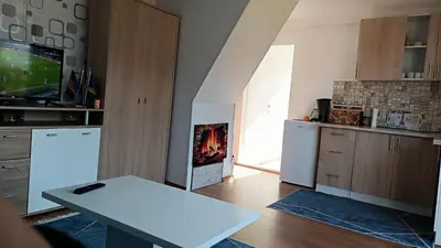 a kitchen with a fire in the fireplace at Sun-Moon Apartment in Zbilje