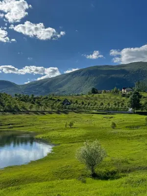 a river in a field with mountains in the background at Vikendica Malekin in Ripci