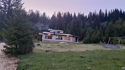 a small house in the middle of a field at Planinska kuća Bajni