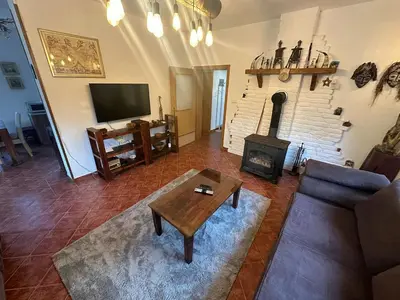 a living room with a couch and a fireplace at Cottage on Una in Bihać