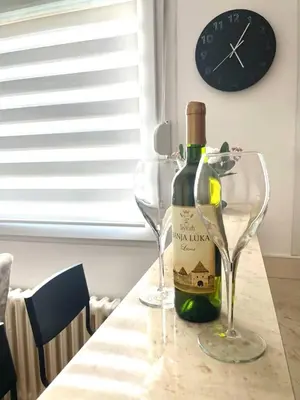 a bottle of wine and two glasses on a table at Apartman I&T in Banja Luka