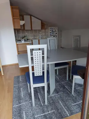 a kitchen with a table and chairs in a room at Apartman Aldina in Bihać